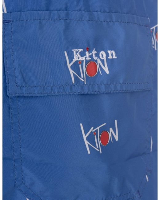 Kiton Blue Swim Shorts With All-over Logo for men