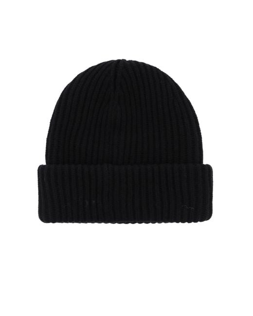 Ganni Black Beanie Hat With Logo Patch