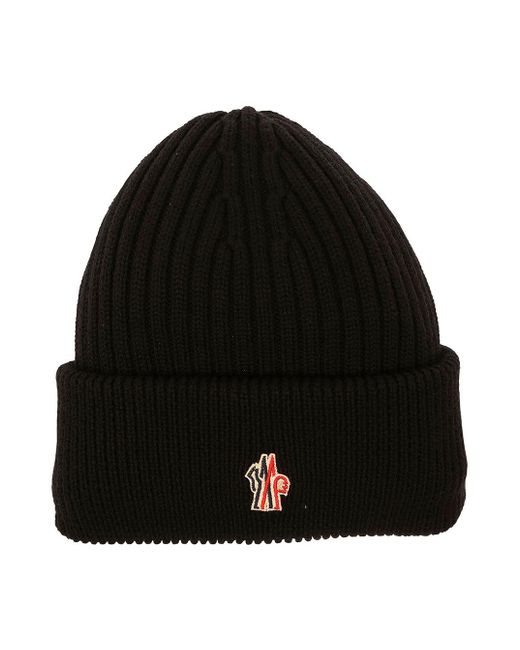 3 MONCLER GRENOBLE Black Ribbed Beanie With Logo Patch In Wool for men