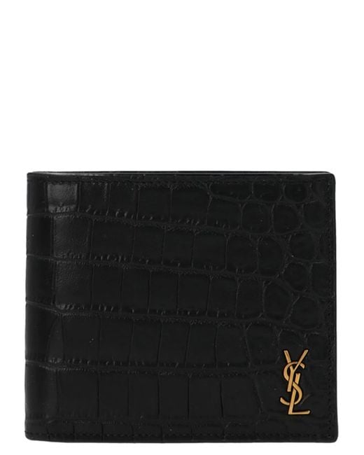 Saint Laurent Black Leather Wallet With Metal Cassandre Logo Detail for men
