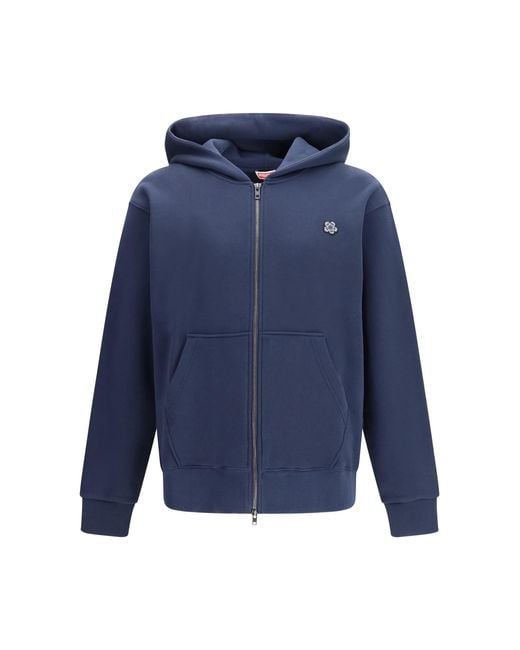 KENZO Blue Boke Flower Embroidered Zip Hoodie Cotton Sweatshirts for men