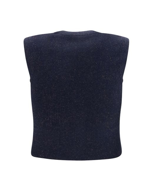 Brunello Cucinelli Blue Sleeveless Metallic Knit Cardigan Cashmere Blazers
