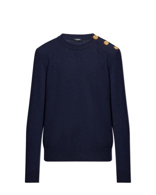 Balmain Blue Sweater With Snap Fastening On The Shoulder for men
