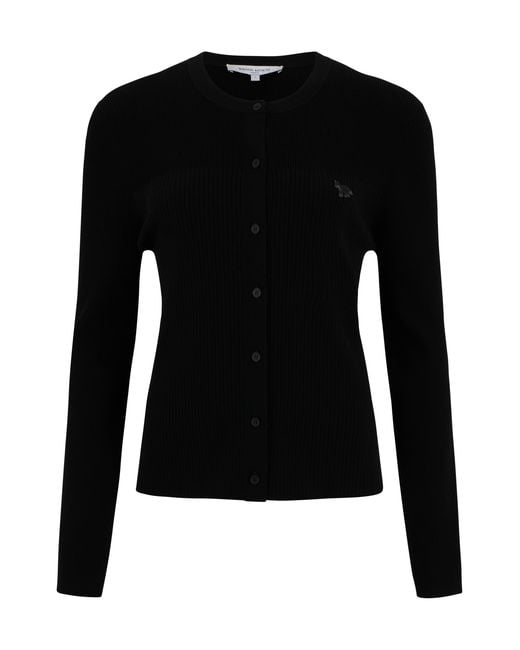 Maison Kitsuné Black Cardigan Ribbed Crewneck Viscose Cardigans