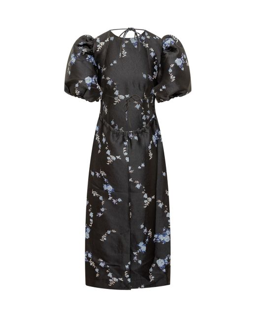 Ganni Black Floral-jacquard Midi Dress