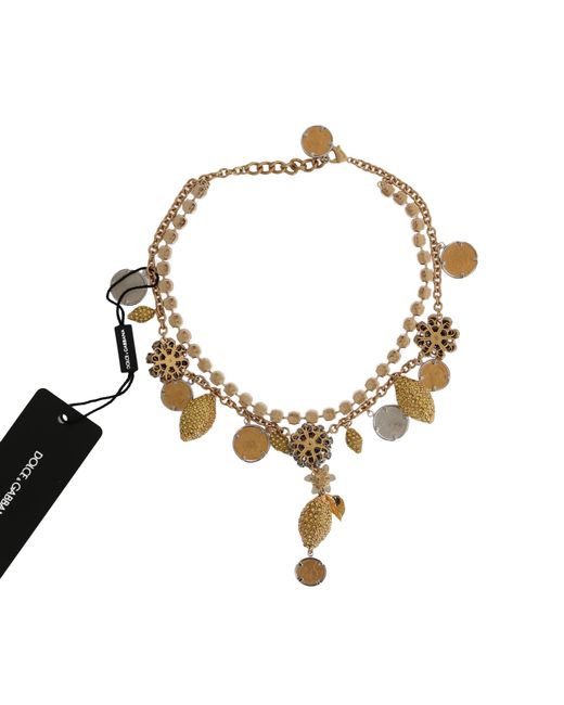 Dolce & Gabbana Metallic Brass Crystal Logo Pineapple Statement Necklace Real