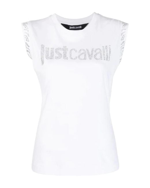 Just Cavalli White T-shirt 74mw601 S Logo Crystal Cotton Jersey