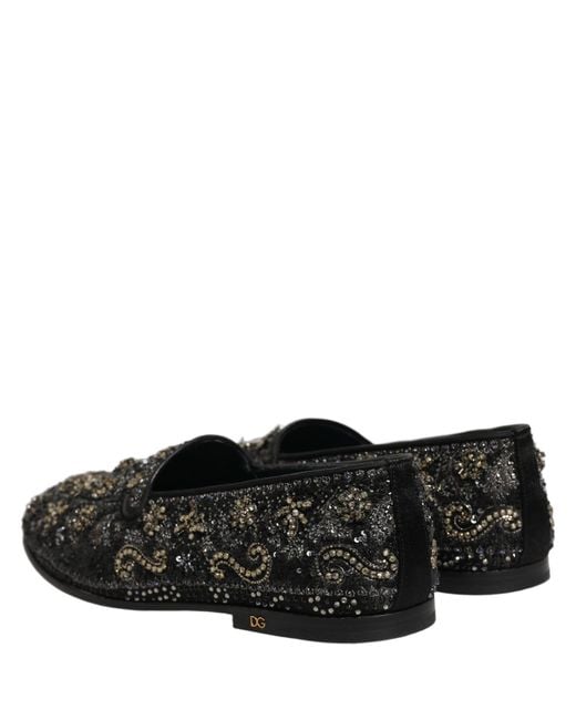 Dolce & Gabbana Black Rhinestone Embellished Loafers Shoes Leather for men