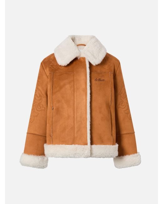 Mc2 Saint Barth Brown Lorayne Jr Faux-Shearling Jacket With Western Embroidery