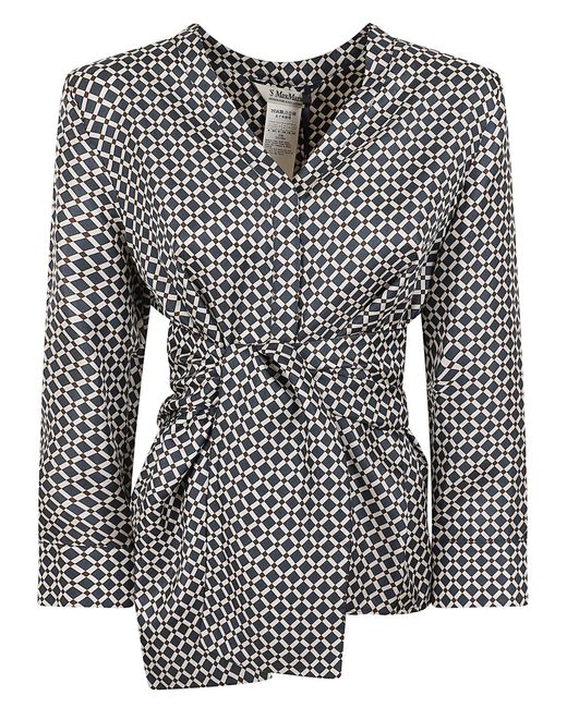 Max Mara Black Camicia Twill Di Seta Stampa Vittoria