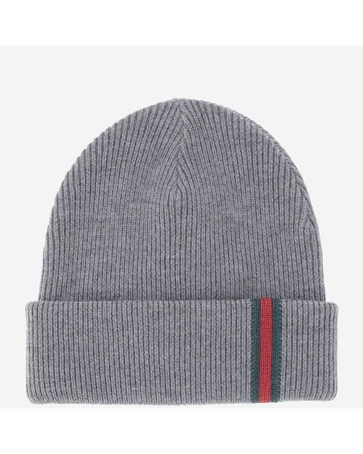 Gucci Gray Wool Beanie With Web Ribbon Fabric Hat for men