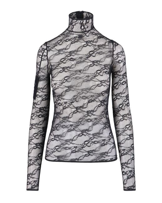 Courreges Gray Intricately Designed Sheer Lace Top With High Neckline