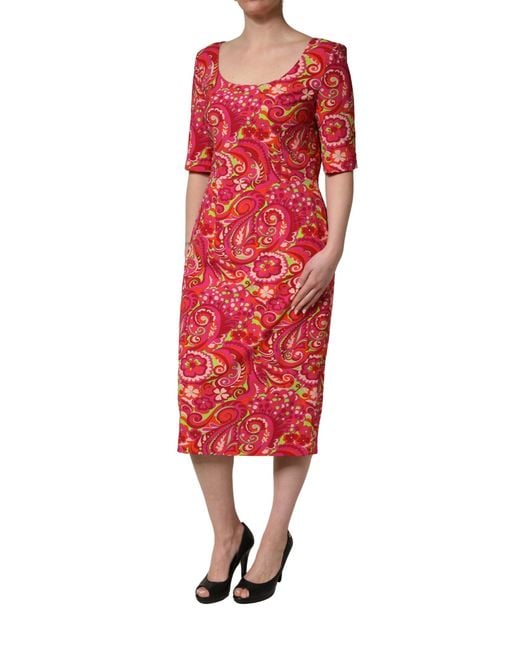 Dolce & Gabbana Red Paisley Floral Print Sheath Midi Dress Silk Elastane