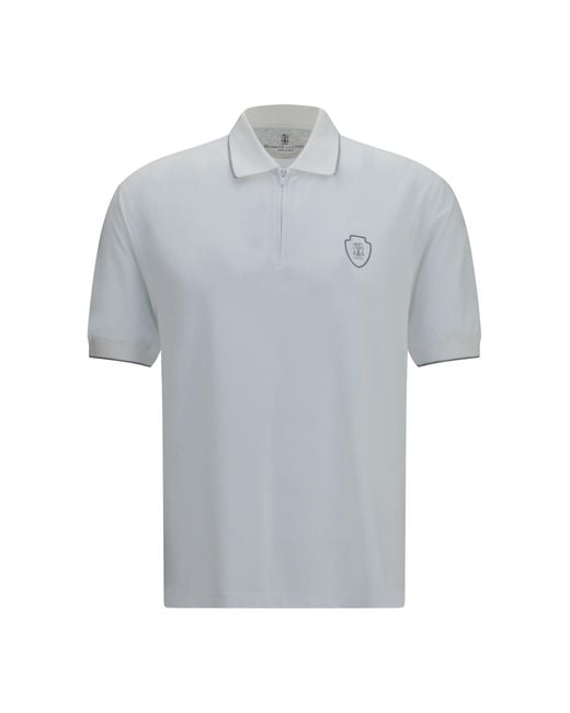 Brunello Cucinelli Blue Polo Shirt With Crest-Steel Polyamide for men