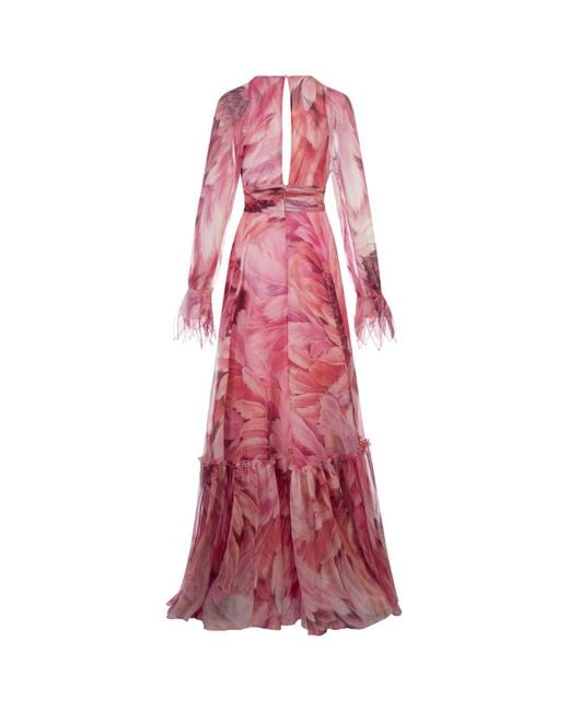 Roberto Cavalli Pink Long Dress With Plumage Print