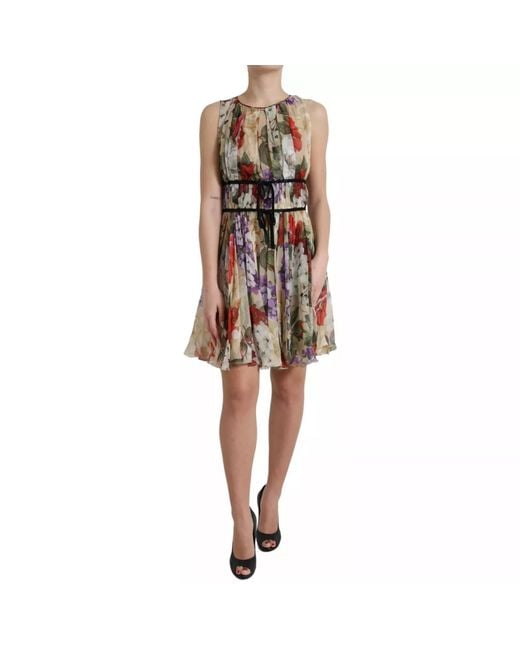Dolce & Gabbana Natural Floral Sleeveless A-Line Mini Dress Silk