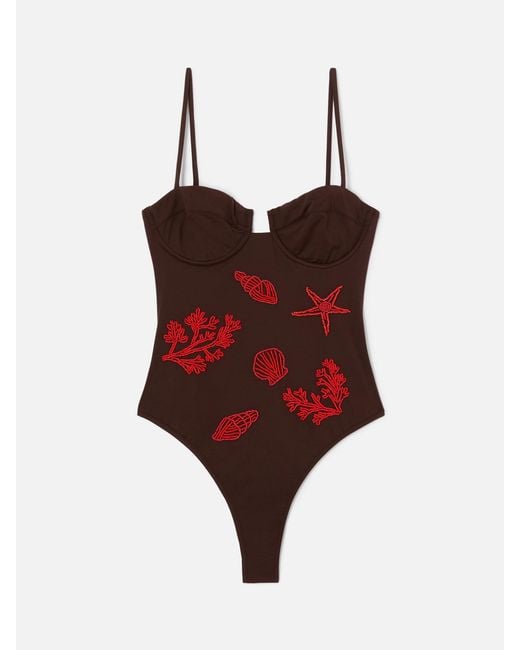 Mc2 Saint Barth Red Medea One-Piece Swimsuit With Beaded Sea-Themed Decorations One Piece