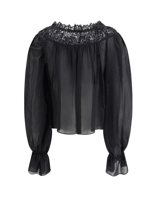 Chloé Black Chloã Silk Georgette And Lace Top