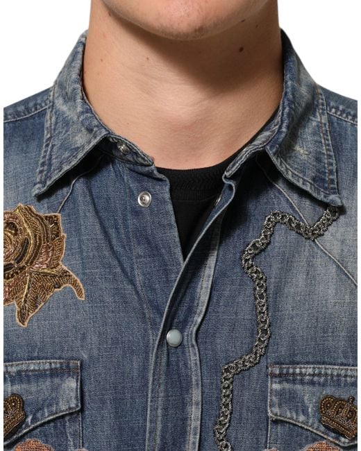 Dolce & Gabbana Blue Angel Patch Denim Buttoned Down Shirt for men