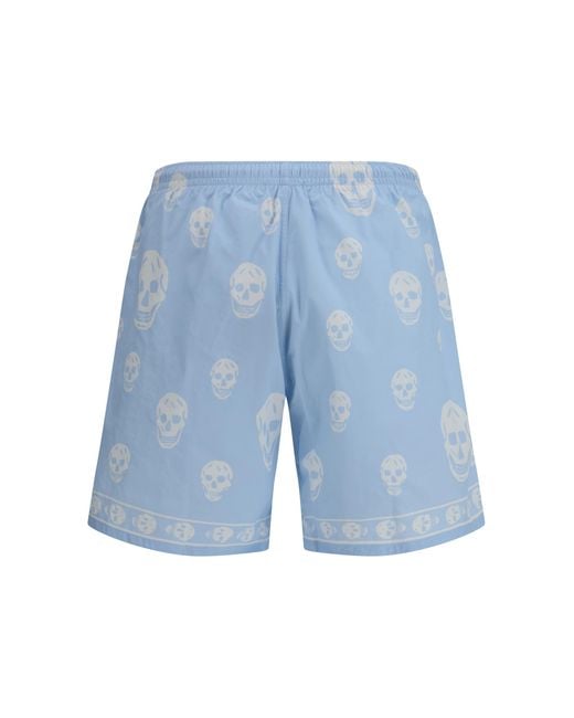 McQueen Blue Skull-Print Swim Shorts Polyamide Swimwear for men
