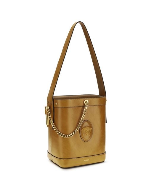 Versace Metallic Small Leather Pivot Bucket Bag Natural/ '82 Calf Bos Taurus