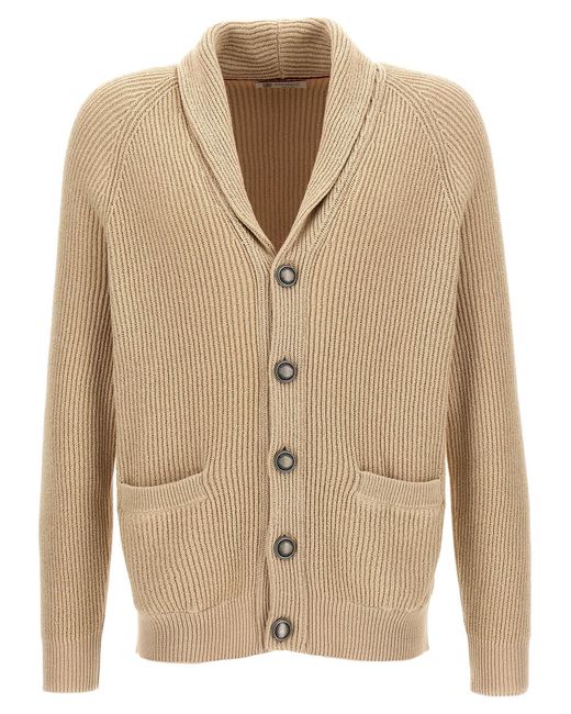 Brunello Cucinelli Natural Logo Buttons Cardigan Sweater, Cardigans for men