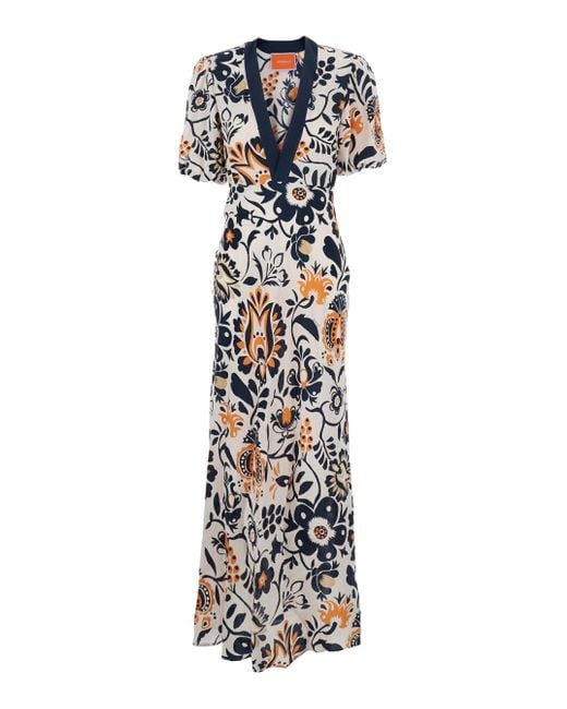 LaDoubleJ White 'Marlene' Long Dress With V-Neck And All-Over Floral Print