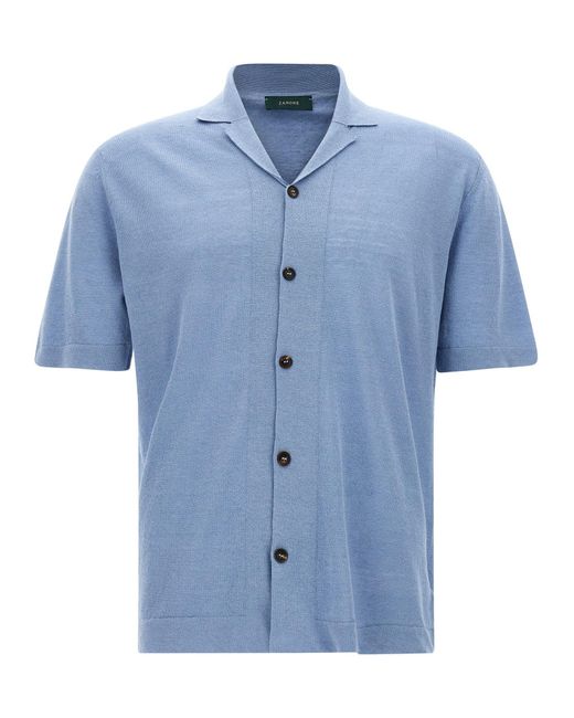Zanone Blue Linen Blend Knit Shirt