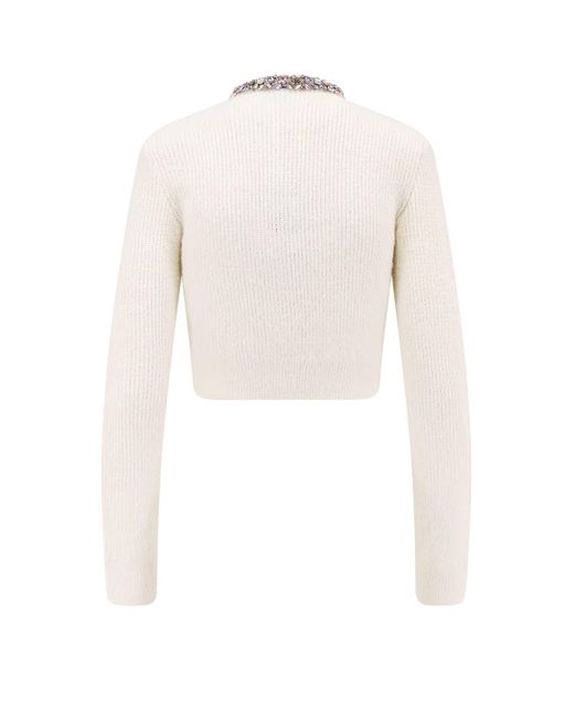 Self-Portrait White Alpaca Blend Cardigan With Rhinestones