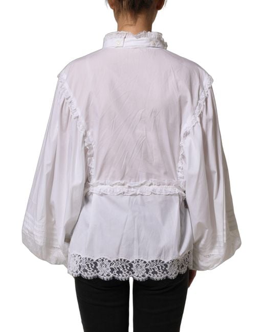 Dolce & Gabbana Blue White Ruffled Lace Embellished Blouse Top