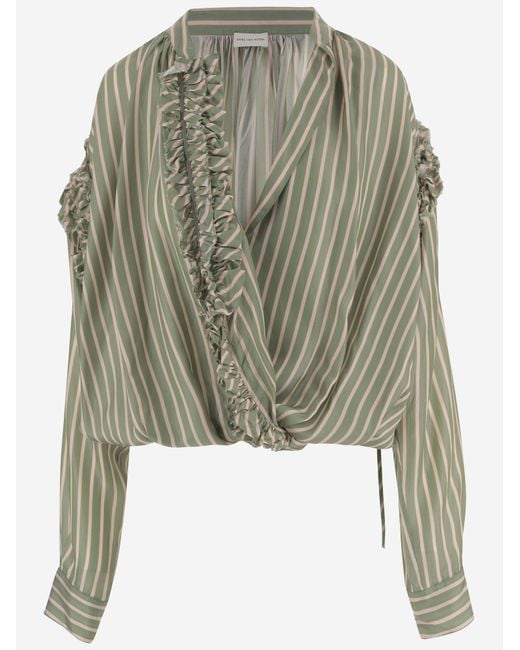 Dries Van Noten Green Shirt, Striped Cupro