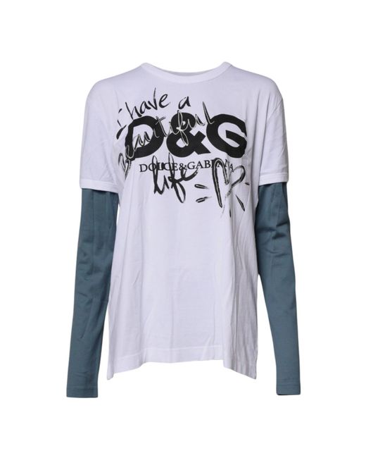 Dolce & Gabbana Blue White Graphic Print Cotton Crew Neck T for men