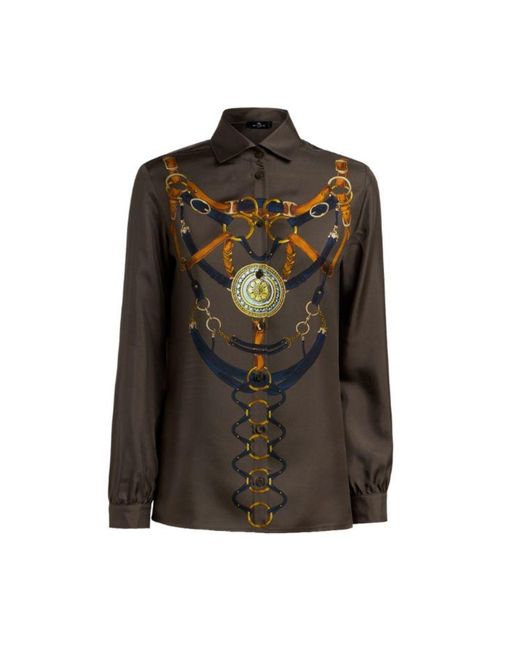 Etro Black Long-Sleeved Pure Silk Crêpe De Chine Shirt With Placed Print