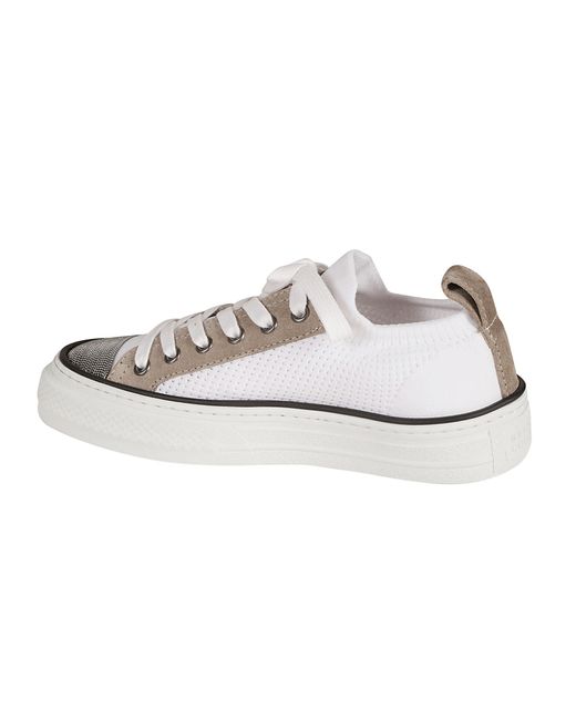 Brunello Cucinelli White Monili-Detailed Paneled Lace-Up Sneakers