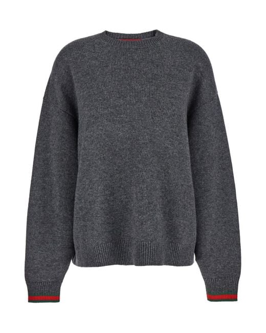 Gucci Gray Crewneck Sweater With Web Detail On The Cuffs