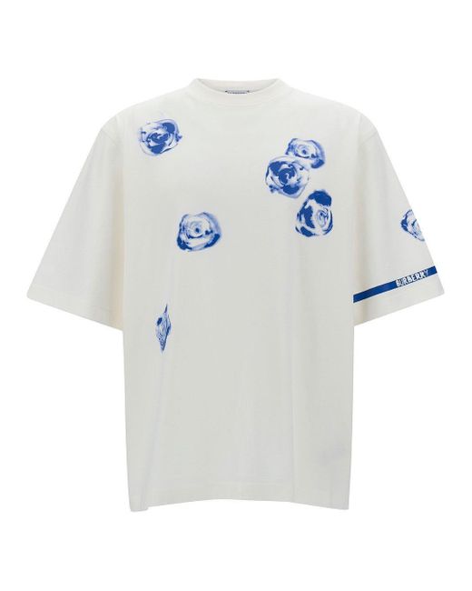 Burberry Blue Crewneck T-Shirt With All-Over Rose Print for men