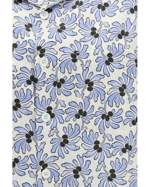 Prada Blue Shirt With Floral Print Ivory-Light Ivory/Light Cotton for men