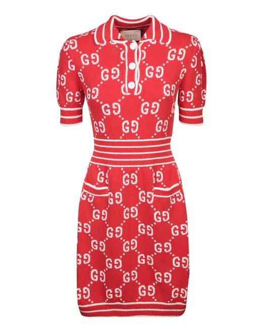 Gucci | Women Cotton Blend Polo Dress Red/Ivory M