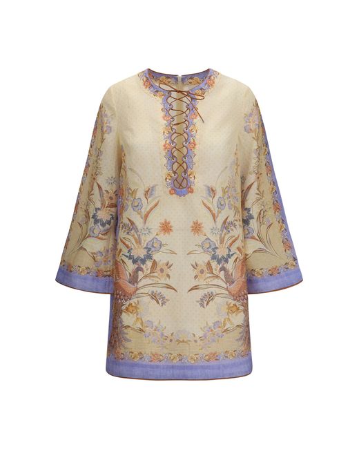Zimmermann Natural Indra Floral Tunic Dress Biscuit Scarf Linen