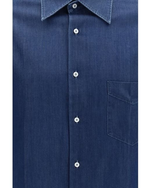 Brunello Cucinelli Blue Lightweight Denim Shirt Scuro Cotton for men