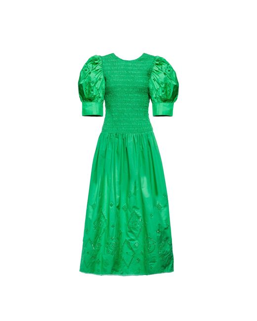 Ganni Green Gathered Cotton Dress