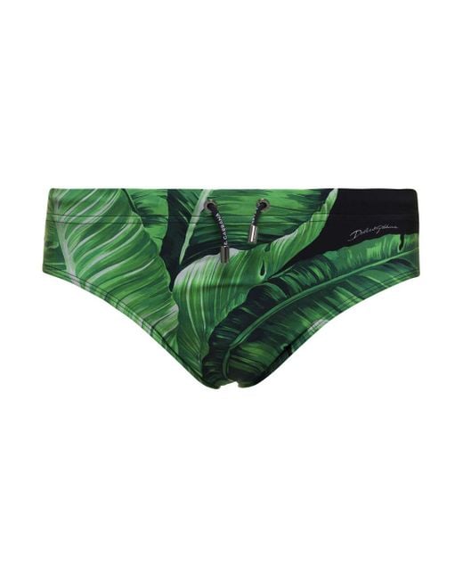 Dolce & Gabbana Green Banana Leaf Print Swim Trunks for men