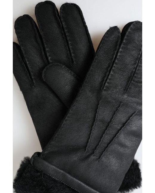 Dolce & Gabbana Black Leather Fur Short Hands Mitten Gloves for men