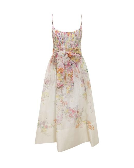 Zimmermann White Linen And Silk Dress With Floral Print