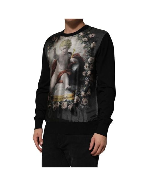 Dolce & Gabbana Black Cashmere Cherub Print Baroque Sweater Silk Clothing for men