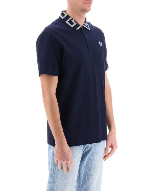 Versace Blue Polo Shirt With Greca Collar for men