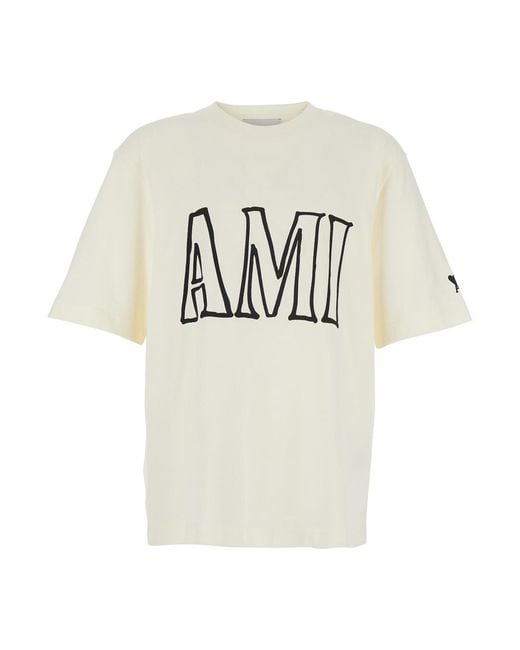 AMI White T-Shirt 'Boxy Fit Short Sleeves Teeshirt With Print for men