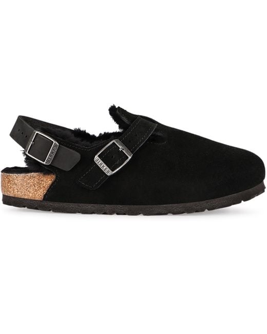 Birkenstock Black Tokio Leather & Fur Slippers