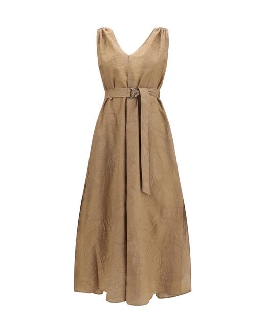 Brunello Cucinelli Natural Midi Dress With Floral Motif Cotton; Polyamide