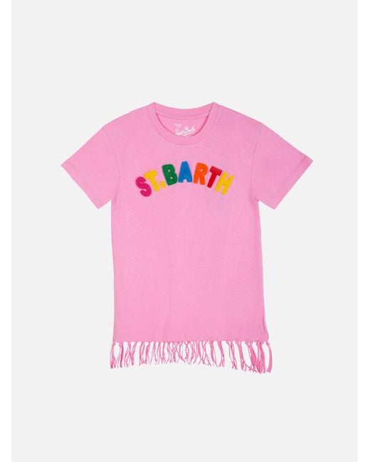 Mc2 Saint Barth Pink Girl Cotton Dress With Fringes